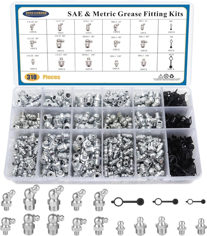 BUSY-CORNER 310PCS SAE & Metric Grease Nipple Assortment Kit, Hydraulic Grease Fittings Standard with Plastic Grease Fitting Caps - Image 1